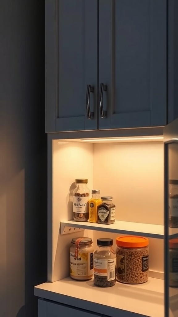 Under-cabinet lighting illuminating pantry shelves with jars and containers.