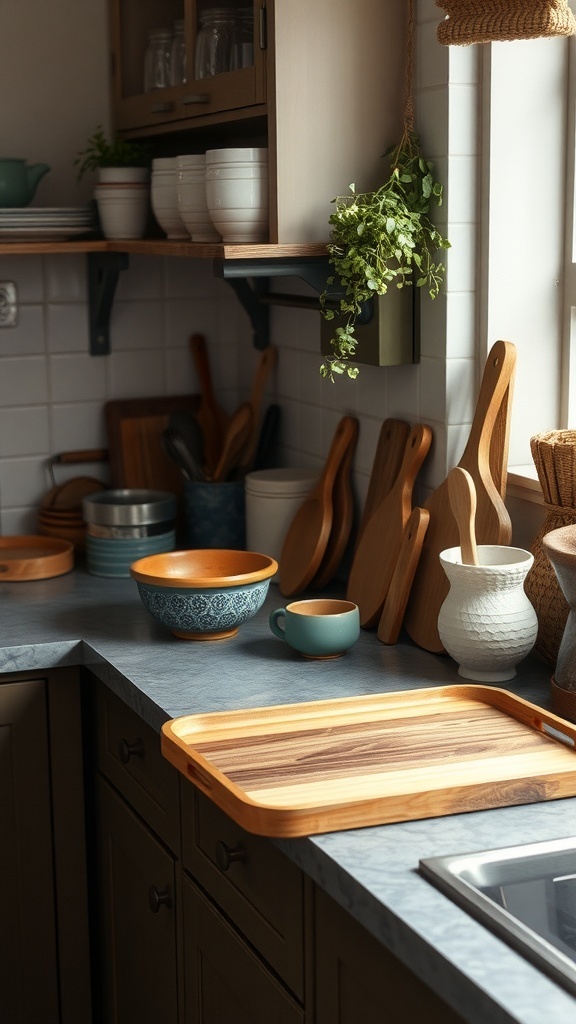 A kitchen counter featuring wooden utensils, bowls, and a tray, adding warmth and texture to the decor.