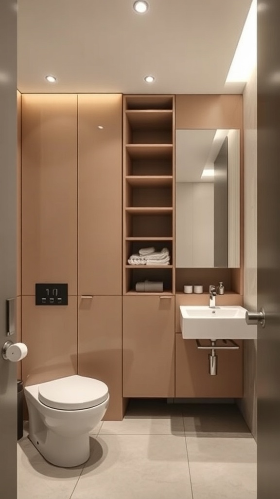 A modern bathroom featuring integrated cabinets with open shelving and a sleek design.