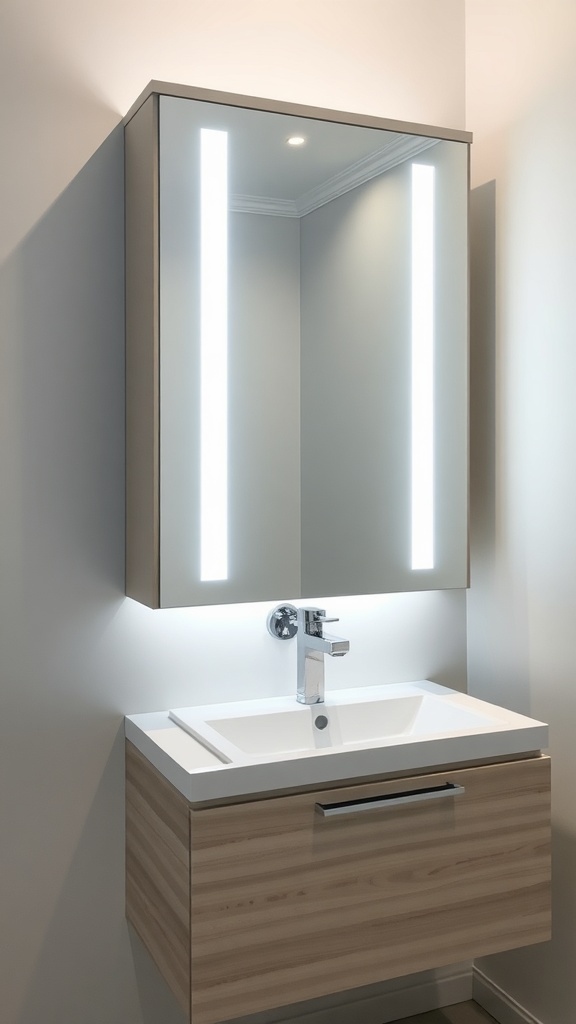 A modern bathroom cabinet with integrated LED lighting, featuring a sleek design and natural wood finish.
