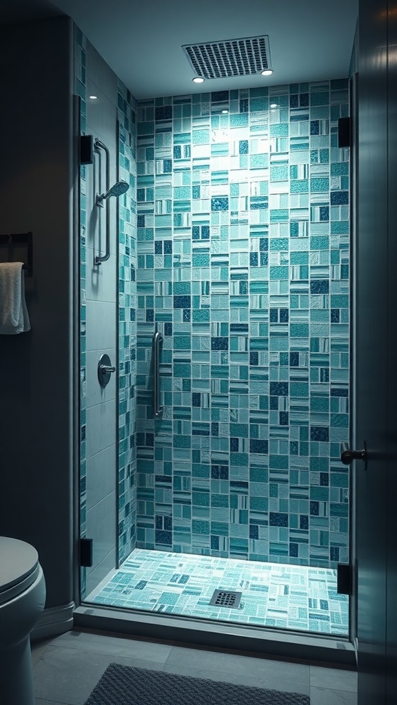 A modern walk-in shower featuring integrated lighting and a vibrant tile design in green and blue.