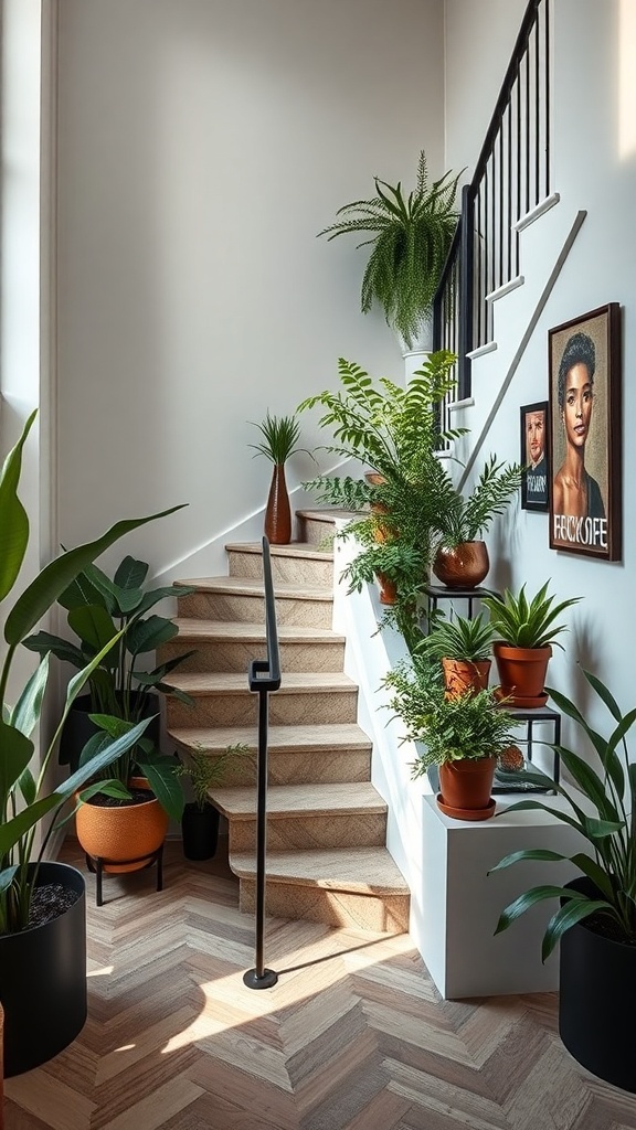 A stylish staircase with integrated planters, featuring various plants in pots, creating a vibrant and inviting atmosphere.
