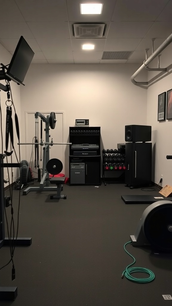 A home gym featuring an integrated sound system with weights and exercise equipment.