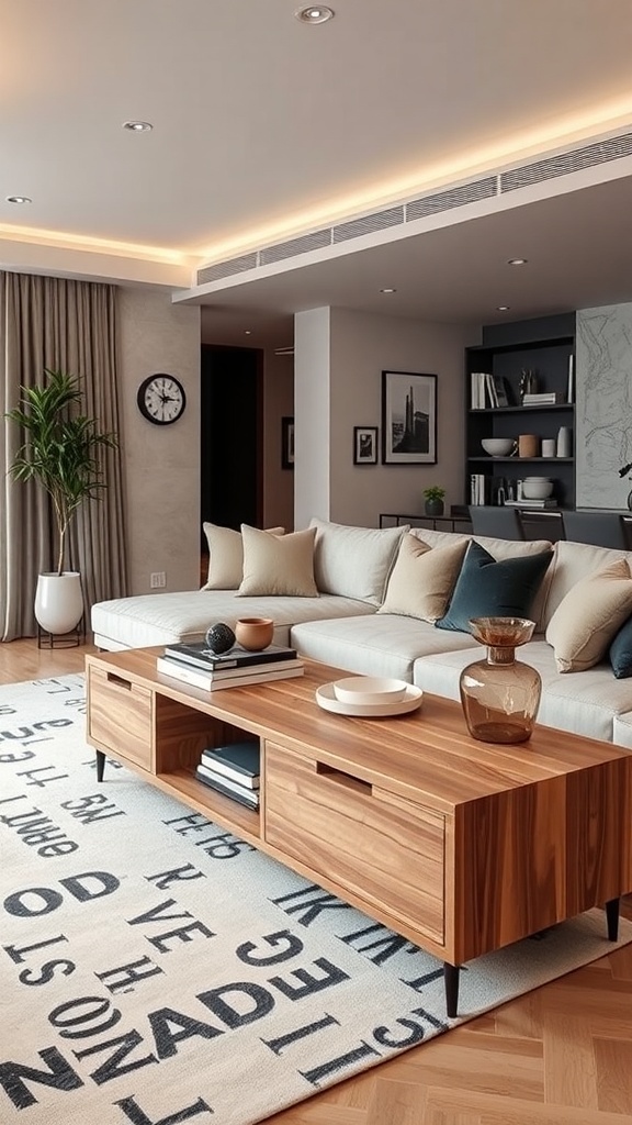 A modern living room featuring a wooden sofa table with drawers, stylish decor, and a cozy atmosphere.