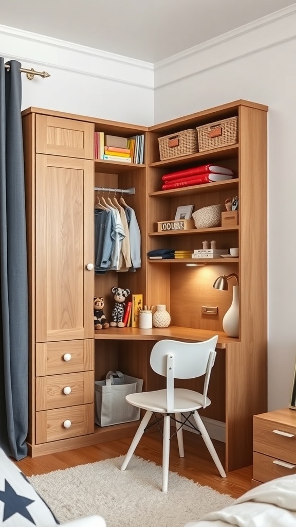 A corner wardrobe with an integrated study area, featuring shelves, a desk, and storage for clothes and toys.