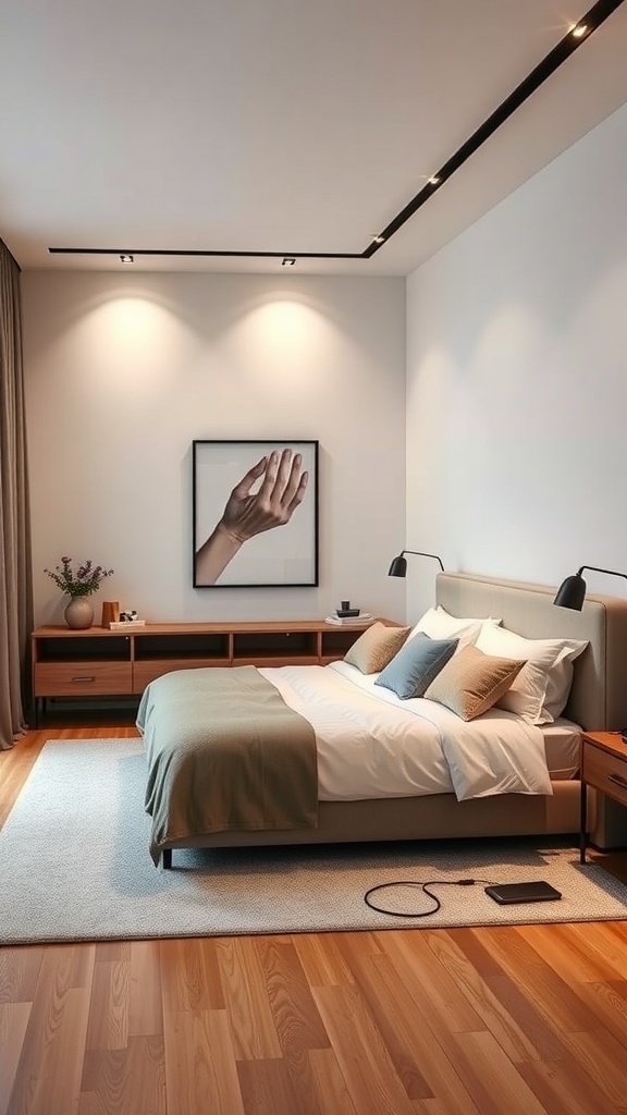 A modern bedroom featuring integrated tech touches like smart lighting and a charging station.