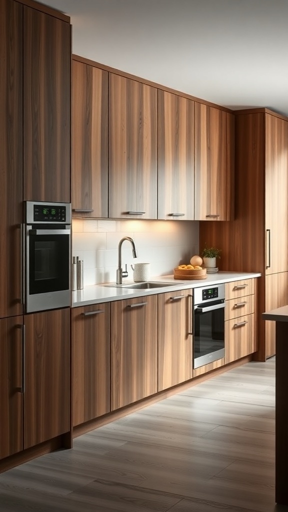 A modern kitchen featuring integrated wood appliances and rich wooden cabinetry.