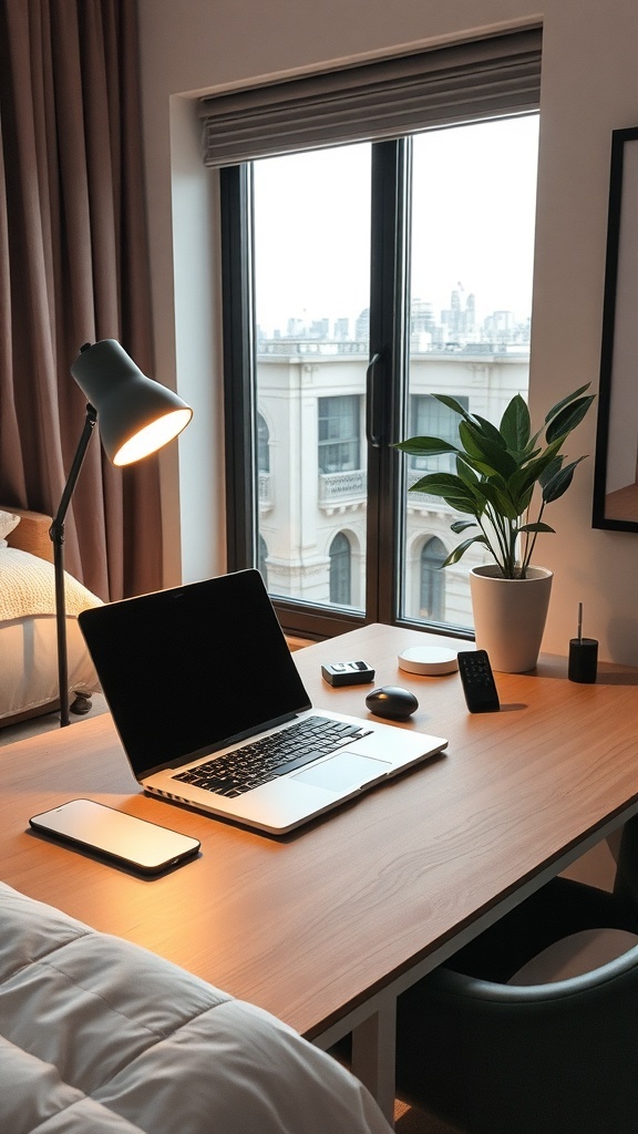 A cozy bedroom workspace featuring a laptop, smartphone, desk lamp, and a plant by the window.