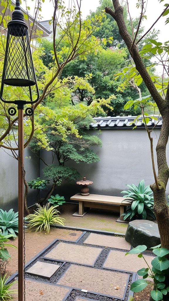 A serene Japanese garden featuring a wooden bench, lush greenery, a stone lantern, and carefully arranged stones.