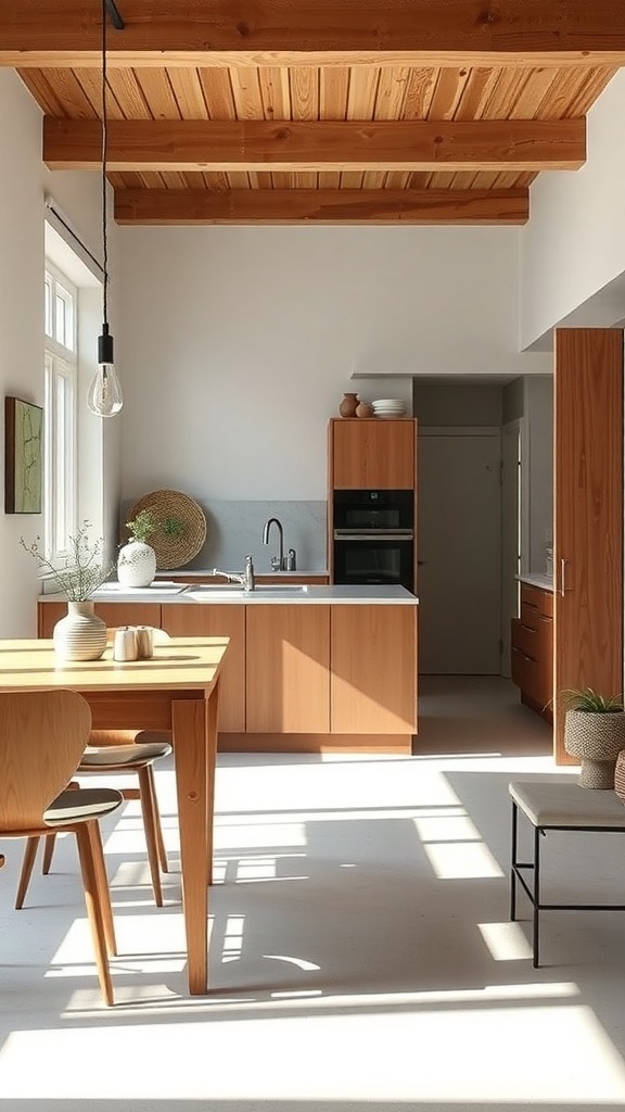 A modern kitchen-dining area with wooden furniture, bright lighting, and an open layout.
