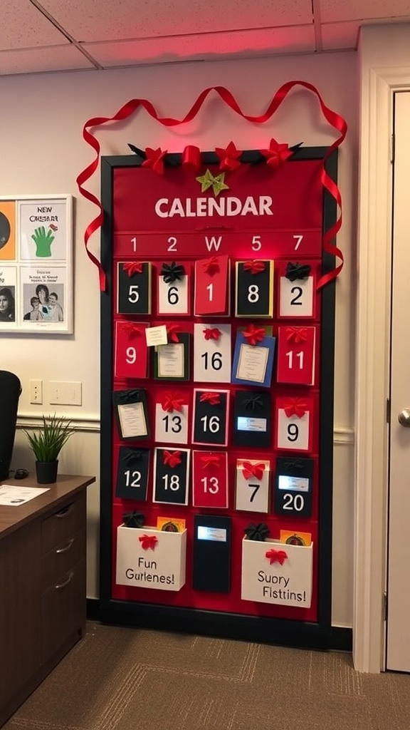 A festive interactive advent calendar with red and black design, featuring numbered boxes and holiday decorations.