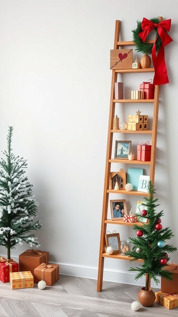 Wooden ladder with festive decorations and mini Christmas trees