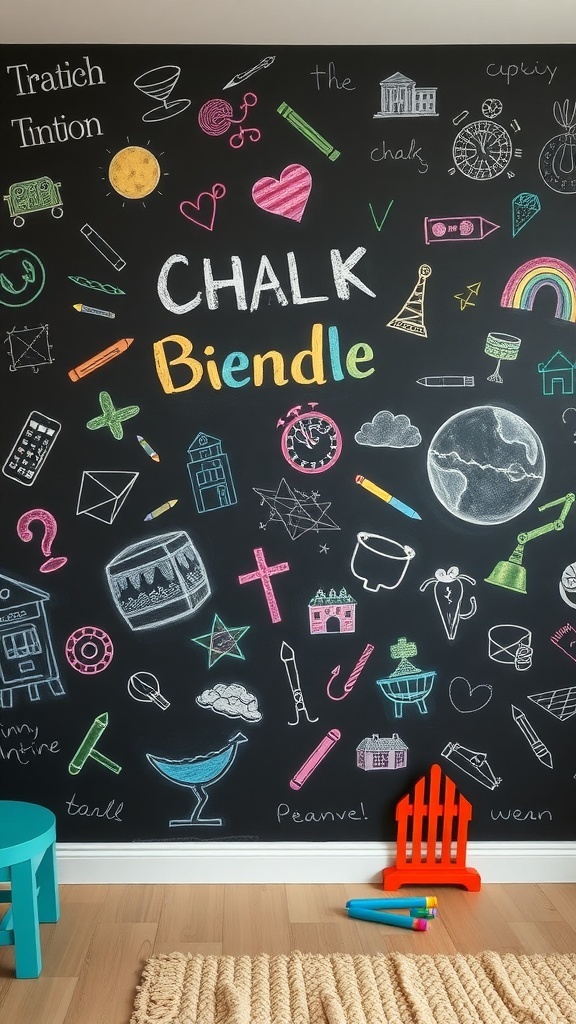 A colorful chalkboard wall filled with doodles and words, designed for a kids' playroom.