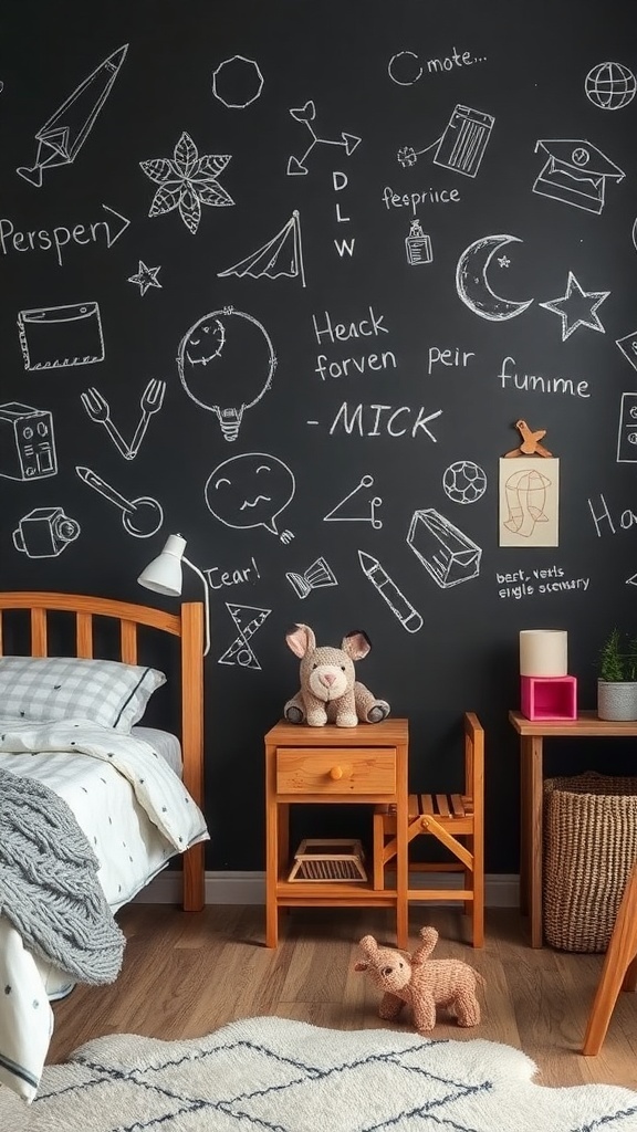 Chalkboard wall in a cozy bedroom filled with drawings and messages