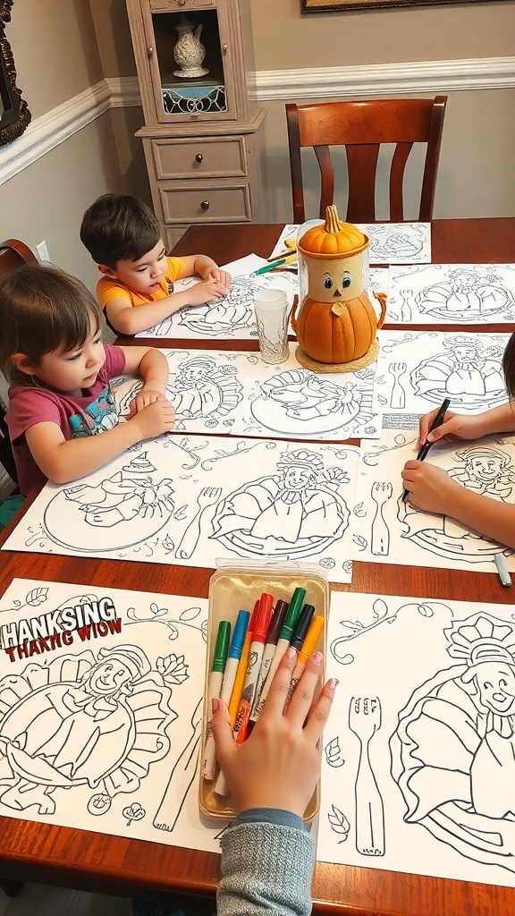 Children coloring Thanksgiving-themed placemats at a table with a pumpkin centerpiece.