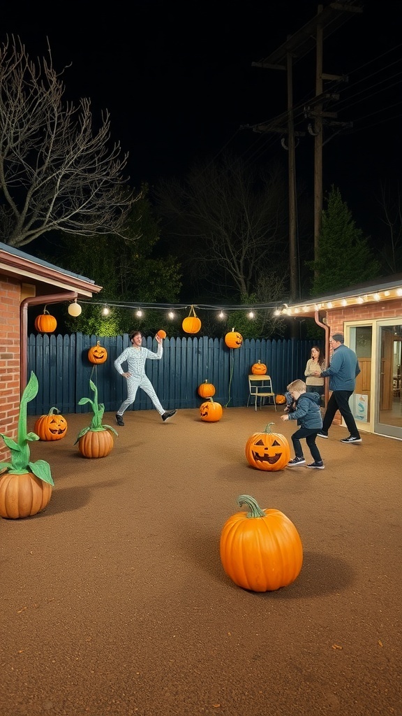 A family enjoying Halloween decorations with pumpkins in a yard at night.