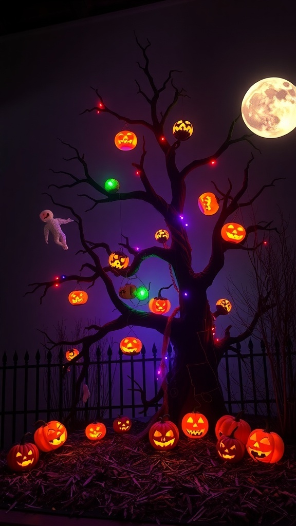 A spooky Halloween tree with glowing jack-o'-lanterns, colorful lights, and a full moon in the background.