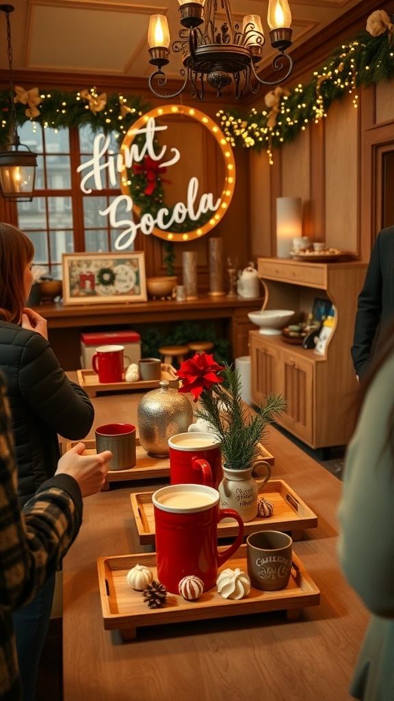 A cozy holiday vignette featuring a hot cocoa bar with festive decorations and treats.