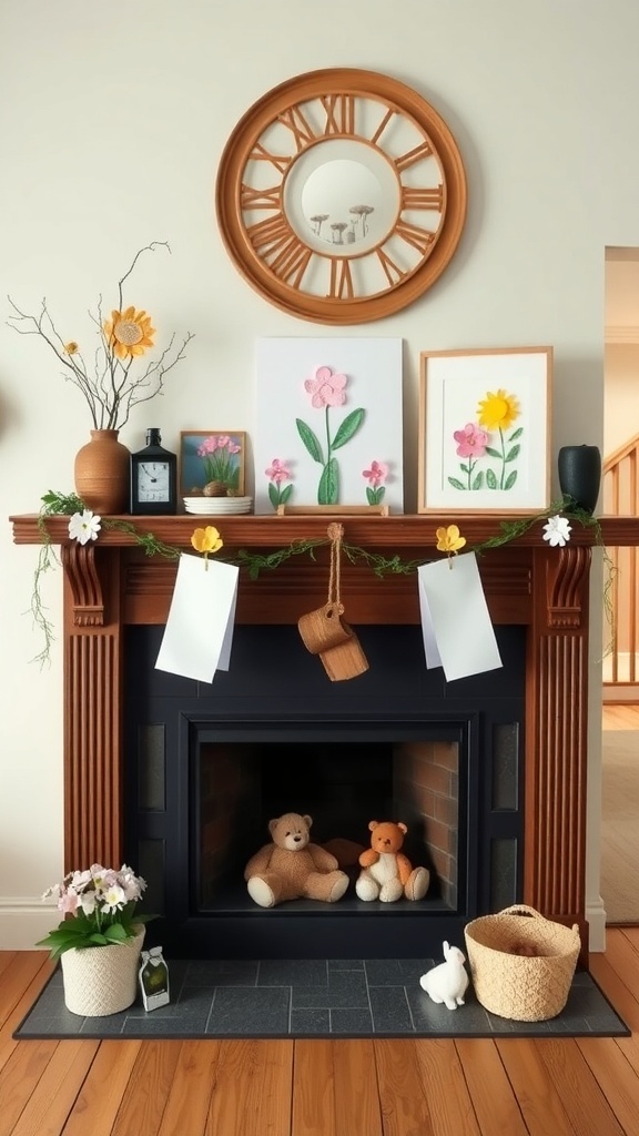 A spring-themed mantel decorated with kids' crafts, featuring flower art, soft toys, and potted plants.