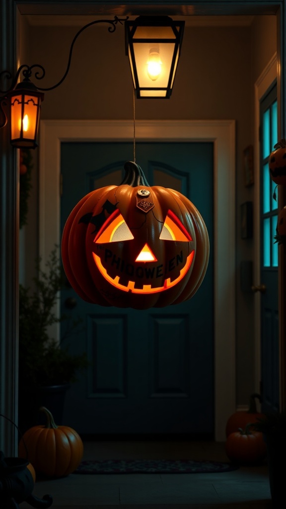 A glowing pumpkin head ornament hanging at a door, with spooky decorations around.