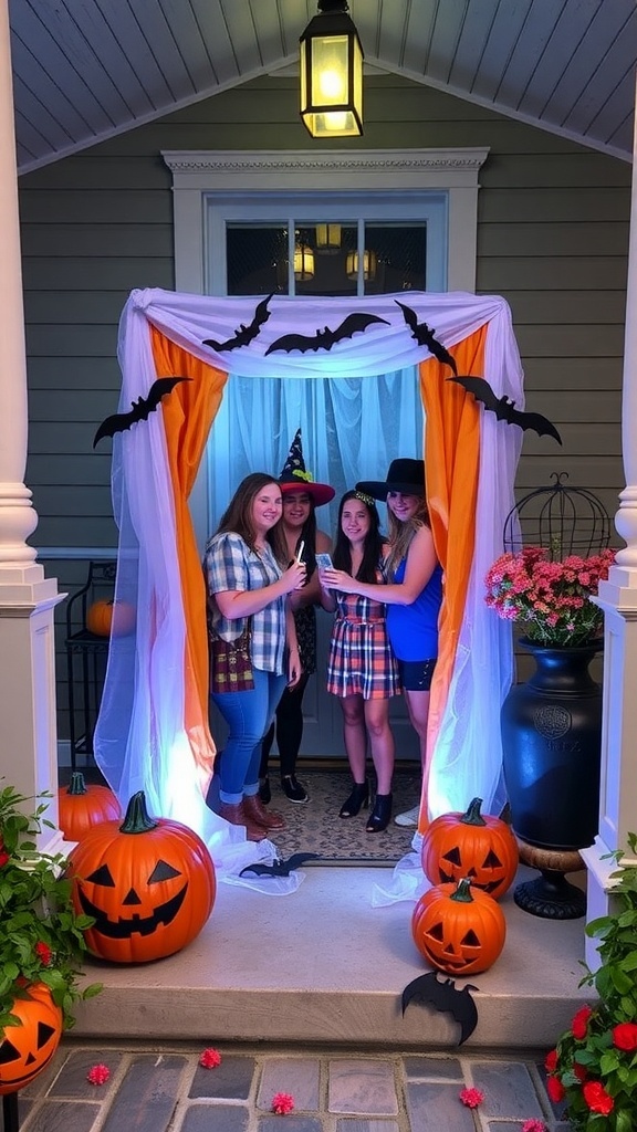 Interactive Halloween photo booth with props and pumpkins on the porch