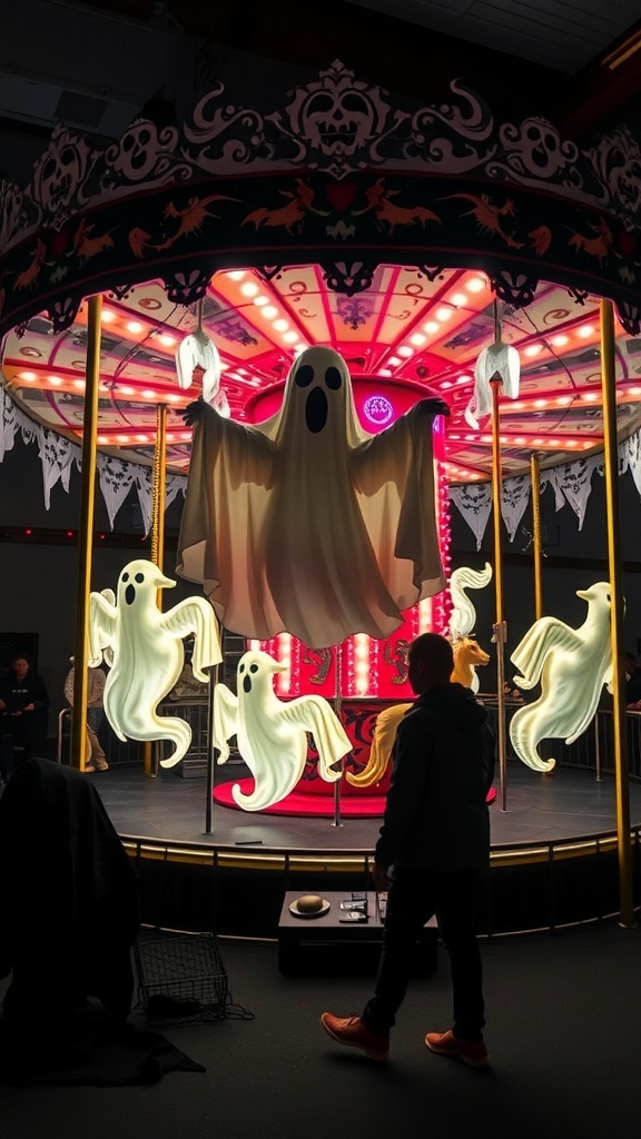 A ghost carousel with glowing figures, spinning in a dimly lit area, with a person standing nearby.