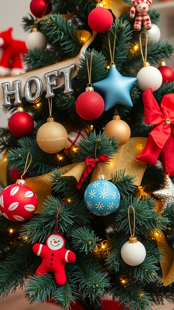 A Christmas tree decorated with colorful ornaments, including plush toys and shiny baubles, creating a festive atmosphere.