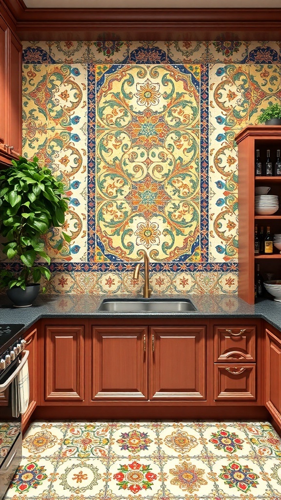 A kitchen with intricate mosaic tile backsplash featuring floral and geometric patterns in vibrant colors.
