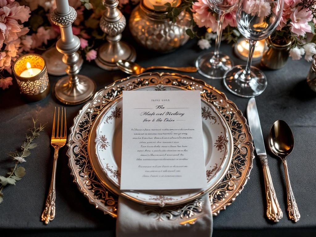 An elegant wedding place setting featuring ornate plates, vintage silverware, and soft floral arrangements.