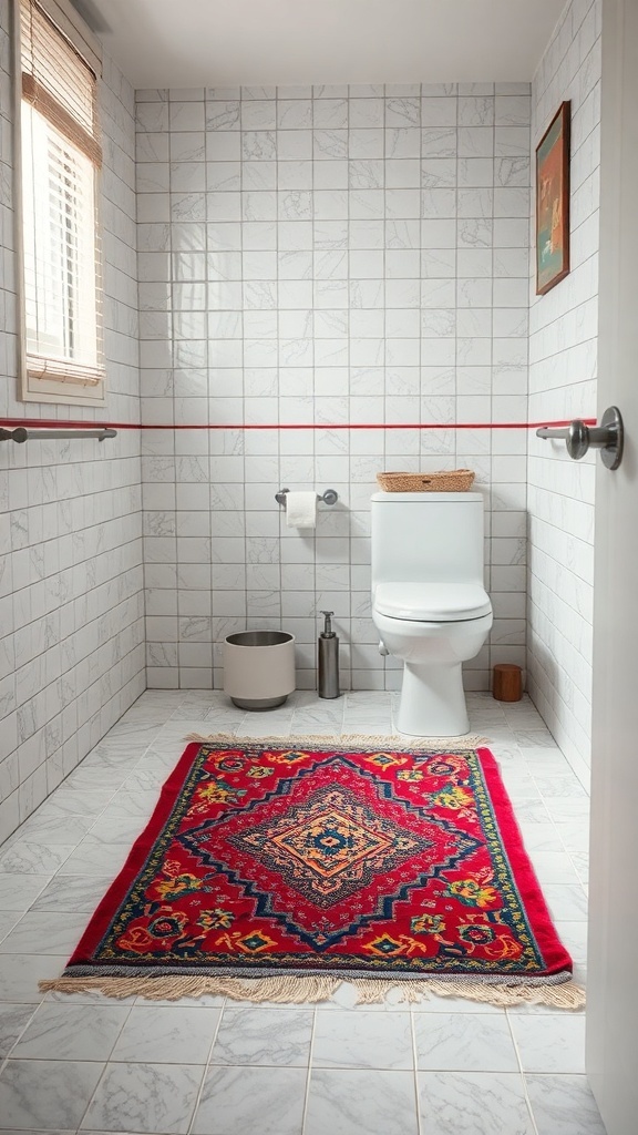 A cozy red rug with intricate patterns placed in a modern bathroom with white tiles.
