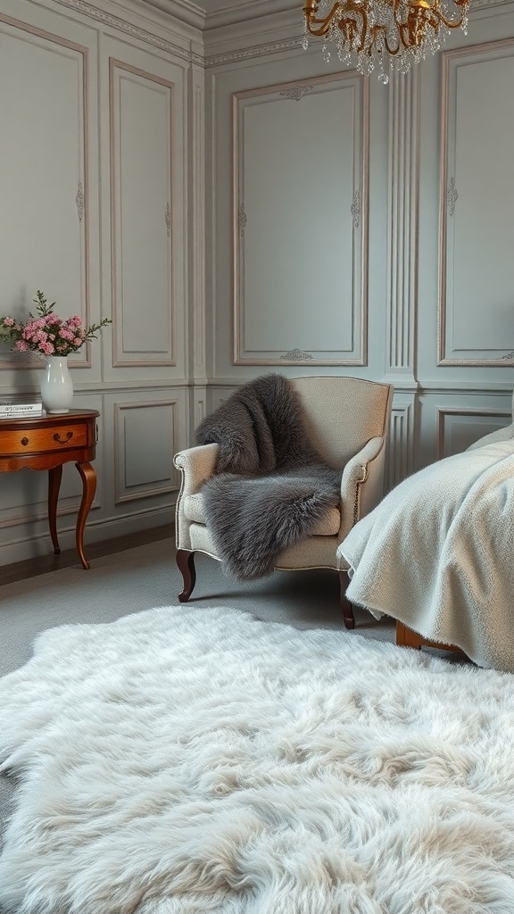 A cozy bedroom featuring a plush faux fur rug and a throw on an elegant chair, creating a warm and inviting atmosphere.