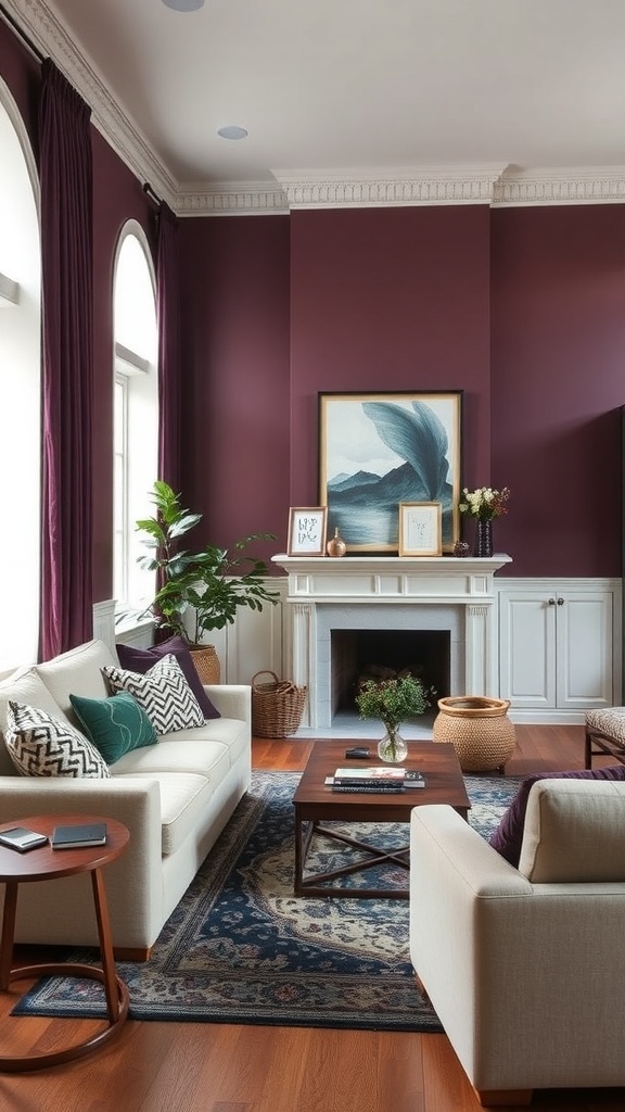 A cozy living room with deep plum walls, cream furniture, and warm accents.