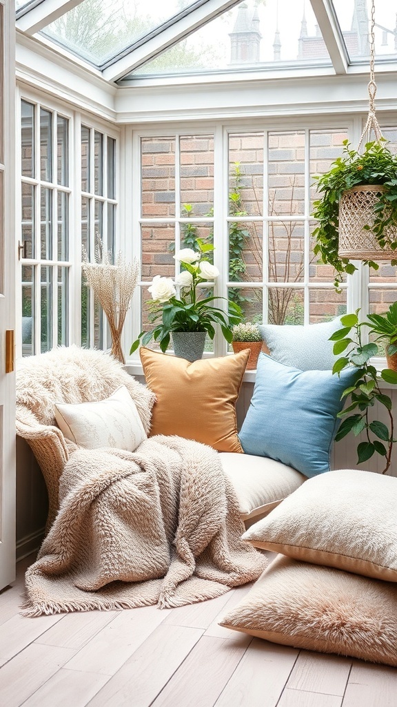 Cozy conservatory seating area with soft throws and cushions in warm colors.