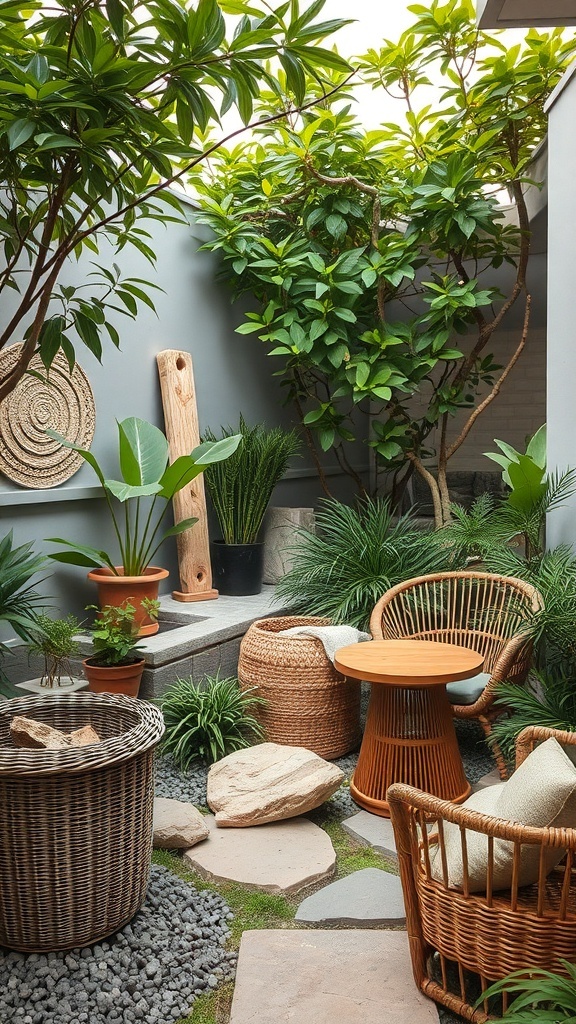 A small backyard featuring natural materials like wood, stone, and plants, creating a cozy and inviting atmosphere.