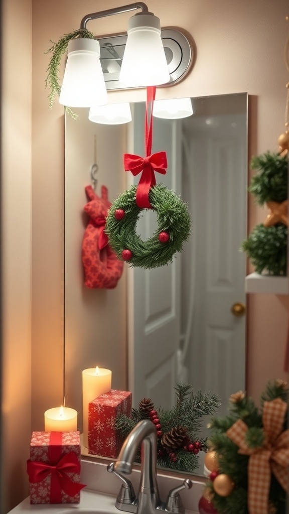 A mini festive wreath hanging from a bathroom mirror, adorned with red berries and a bow, surrounded by candles and wrapped gifts.