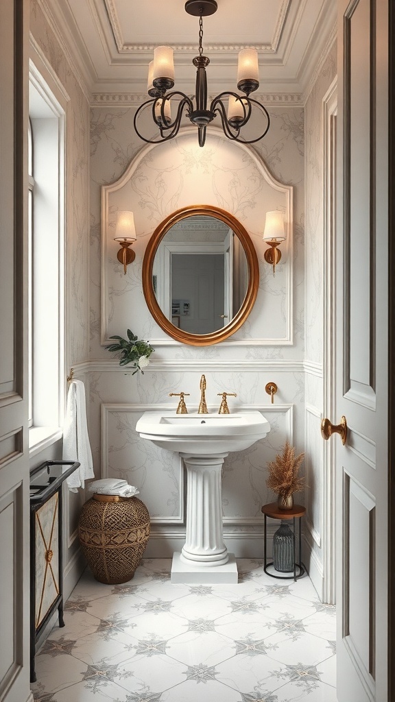 Luxurious powder room with elegant fixtures and decor