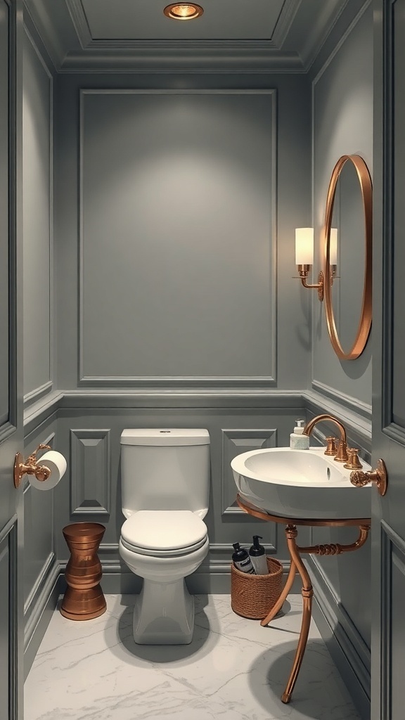 A stylish tiny powder room featuring a modern sink, elegant fixtures, and sophisticated wall paneling.