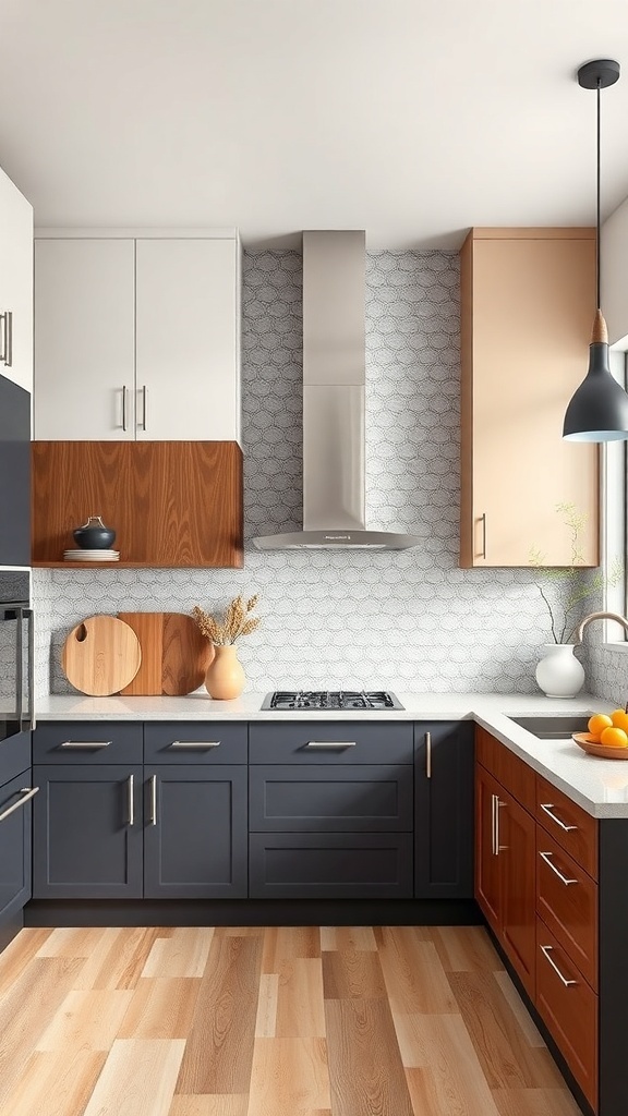 A modern kitchen featuring two-tone cabinets in navy blue and warm wood tones, complemented by a stylish backsplash and sleek appliances.