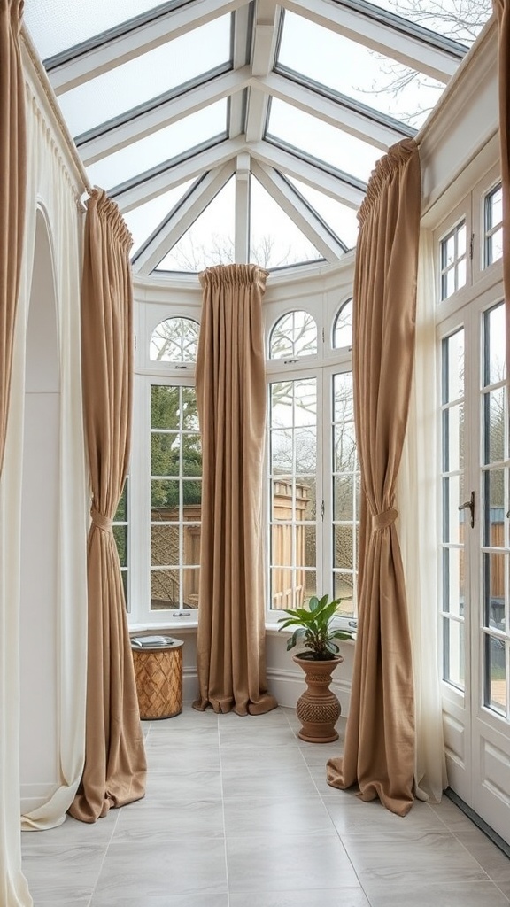 A bright conservatory with thermal curtains in warm tones, showcasing a cozy and inviting atmosphere.
