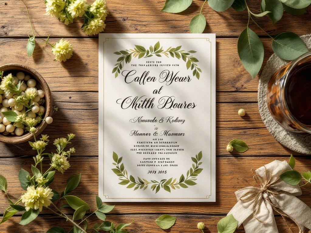 A wedding invitation featuring chartreuse accents and elegant typography, surrounded by greenery and decorative elements.