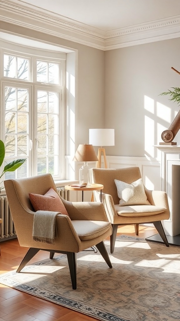 Two cozy accent chairs in a bright living room with natural light.