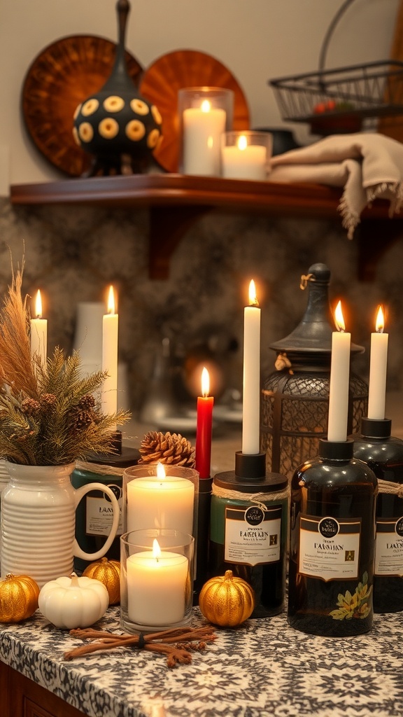 A cozy kitchen setup with various candles, mini pumpkins, and pinecones on a countertop.