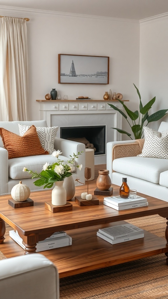 A cozy living room with a wooden coffee table decorated with flowers, candles, and books.