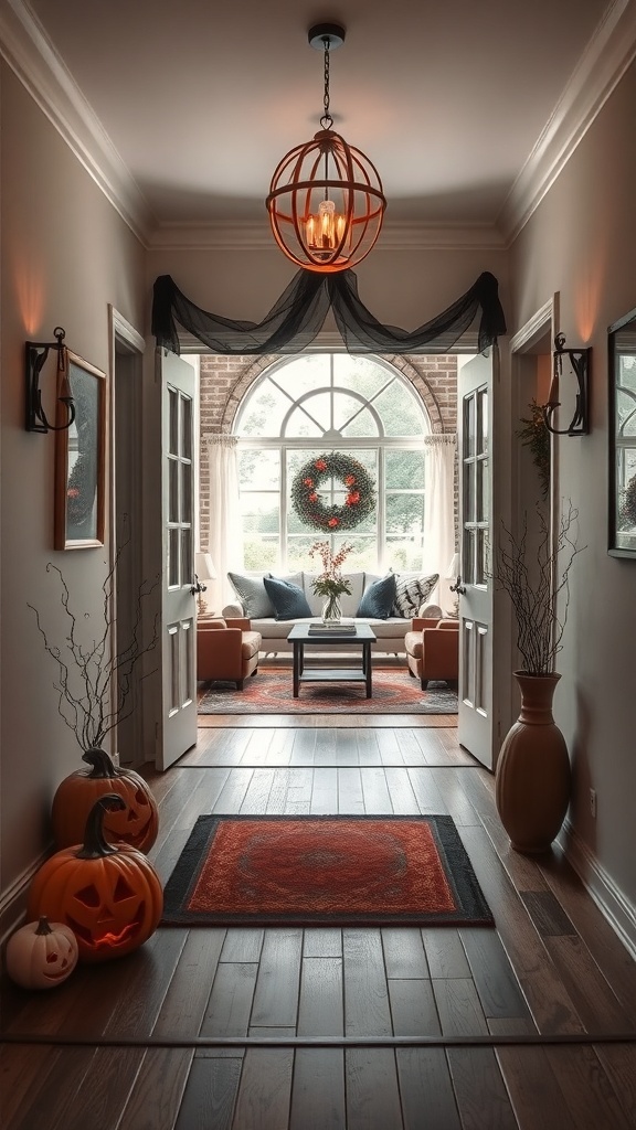 A cozy Halloween-themed entryway with pumpkins, warm lighting, and black tulle decor.