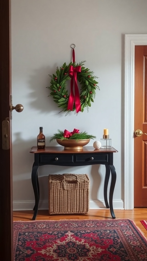A cozy entryway decorated for Christmas with a wreath, a console table, and seasonal decor.