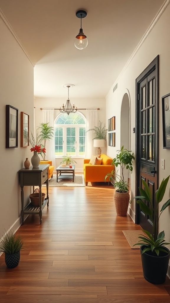 A bright and inviting entryway with a view into a cozy living room featuring orange chairs and plants.