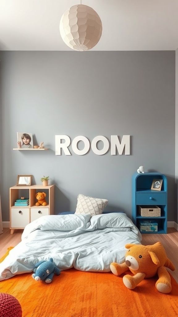 A cozy boys room featuring gray walls, ginger accents, and playful decor.