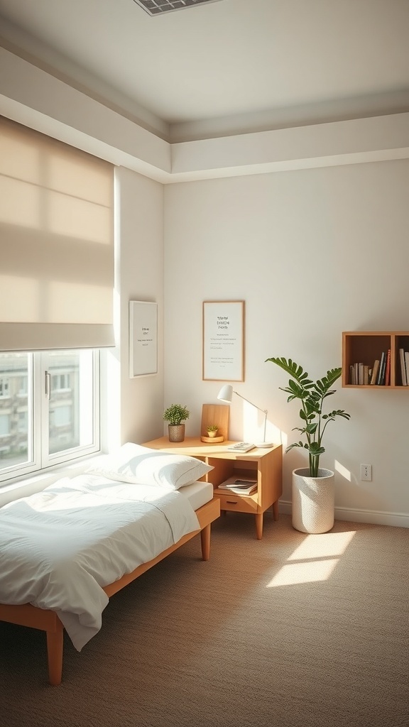 A cozy uni room featuring neutral tones, wooden furniture, and plants.