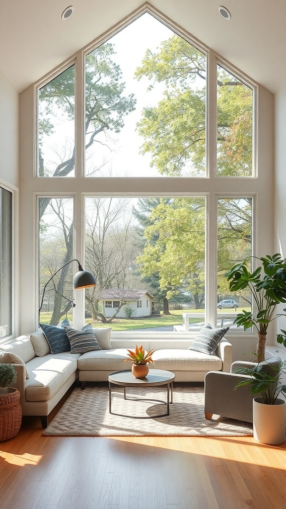 A bright living room with large windows showcasing outdoor greenery, featuring a cozy sofa and a coffee table.