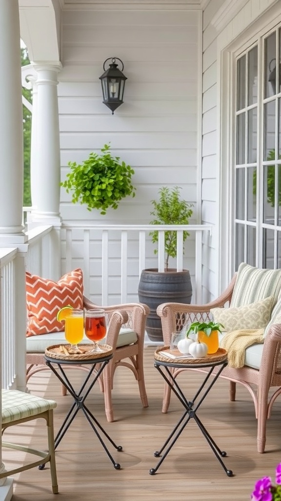 A cozy front porch with two side tables, each holding drinks and decorative items, surrounded by comfortable seating.